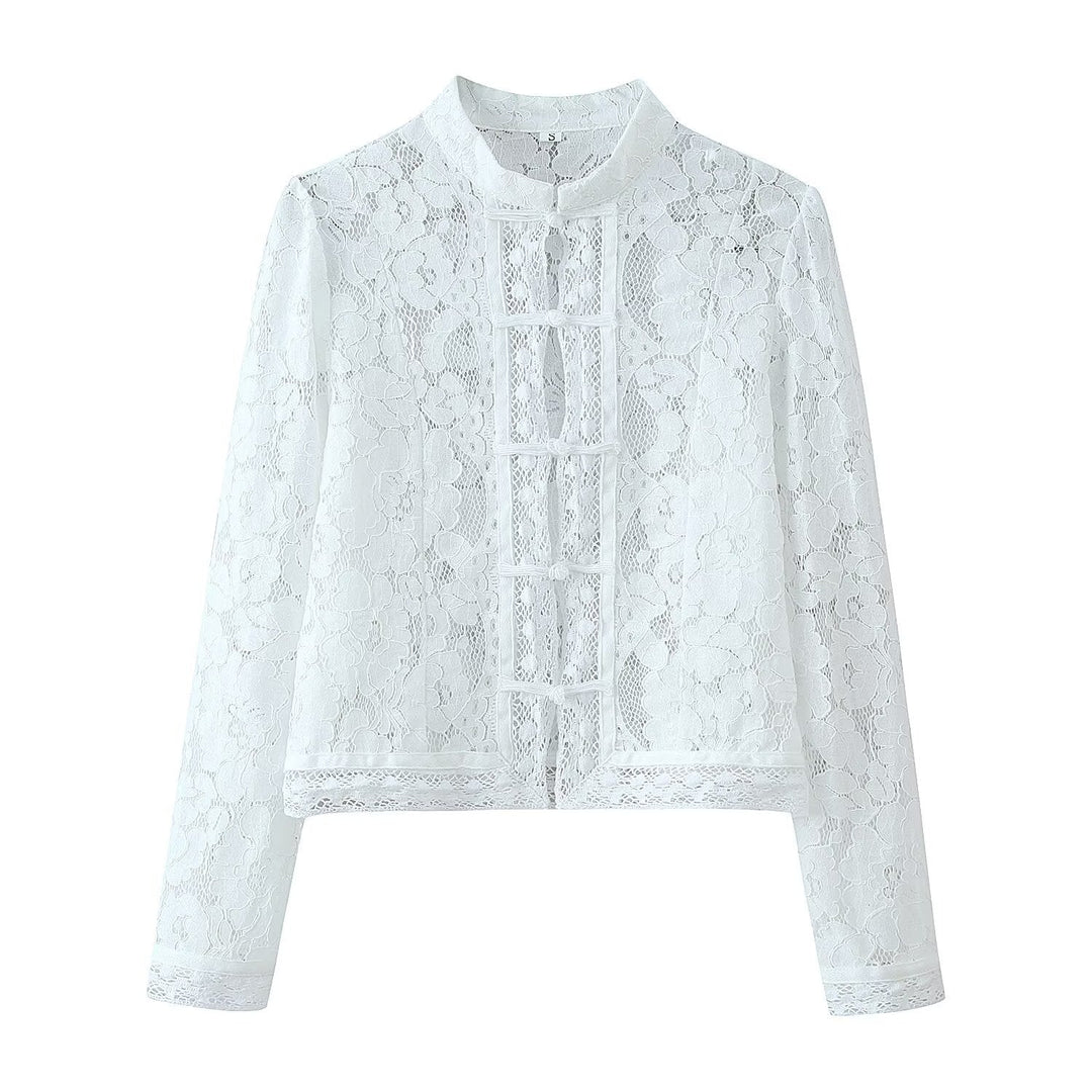 Dam Lace jacka med Stand krage, Chinese Knot och Transparent blommig design