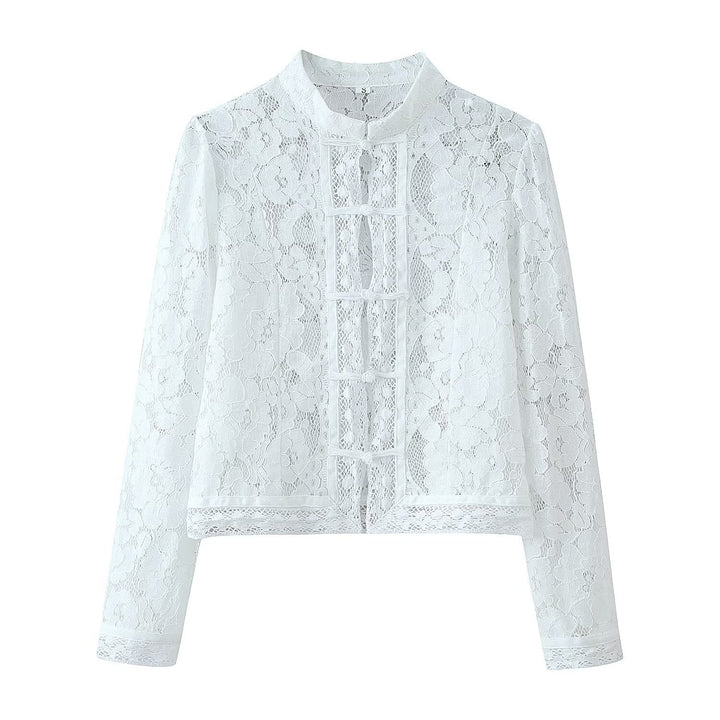 Dam Lace jacka med Stand krage, Chinese Knot och Transparent blommig design