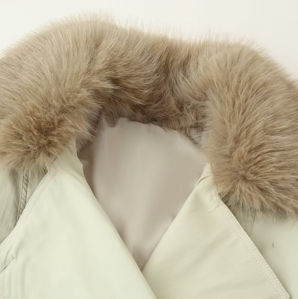 Dam Dubbel-Breasted Blouson med Removable Konstpäls Krage, Midjedragsko och Adjustable Muddar