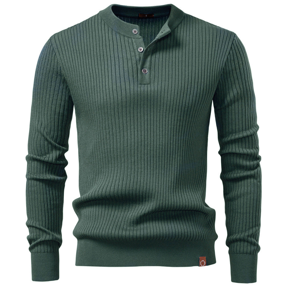 Herr Ribbad Lång-Ärm Henley Pullover med Ståkrage, Fin Rib Stickad och Smal Passform