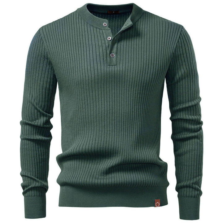 Herr Ribbad Lång-Ärm Henley Pullover med Ståkrage, Fin Rib Stickad och Smal Passform