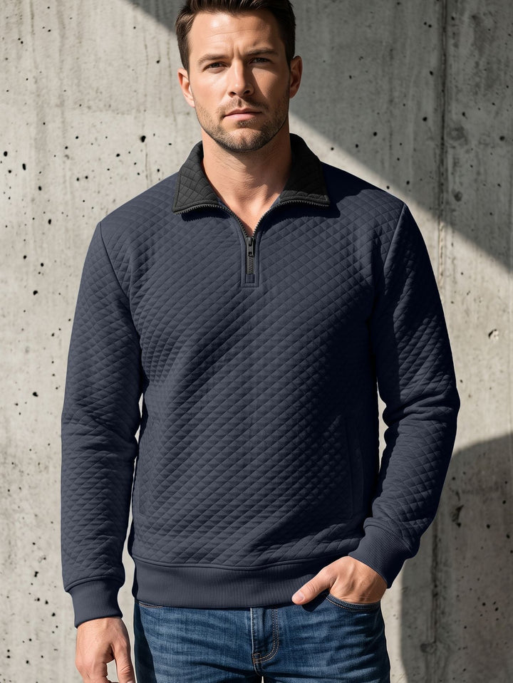 Herr Quiltad Pullover med Troyer Krage och Halv Dragkedja