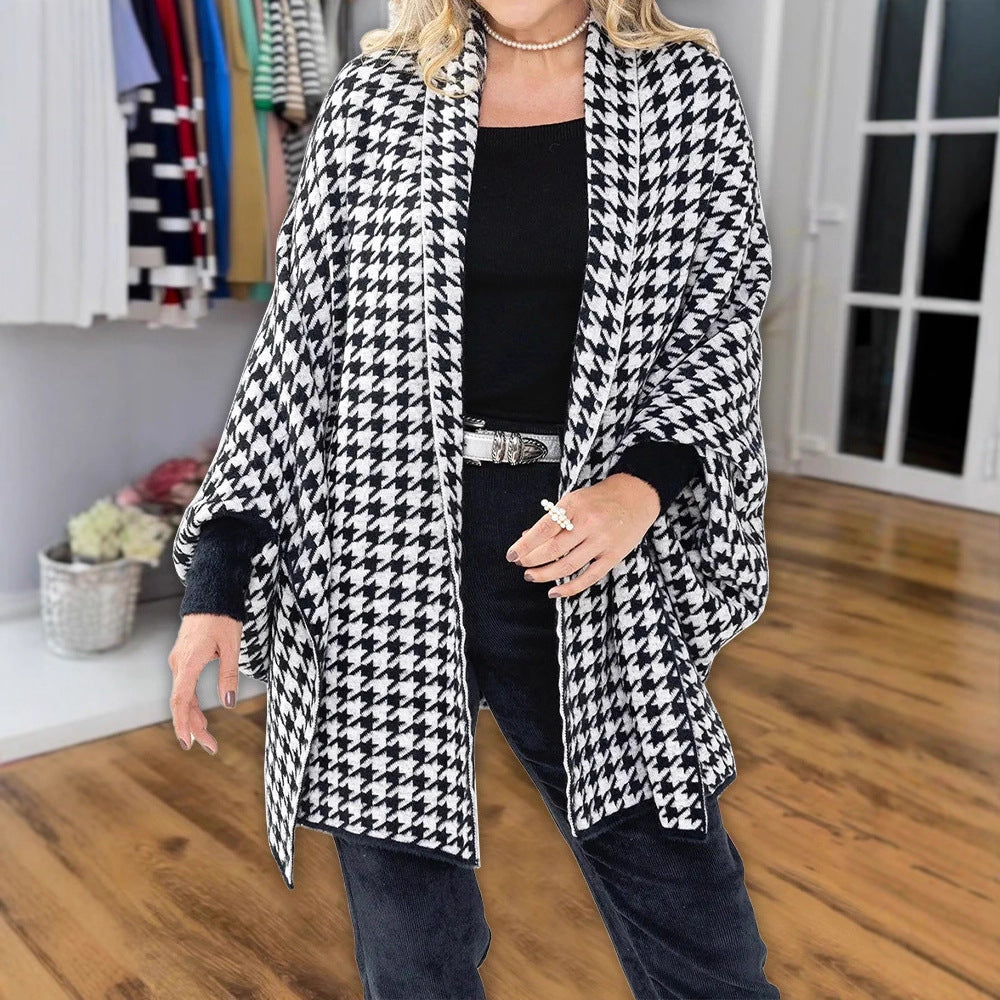 Dam Modern Poncho med Hundtand Mönster