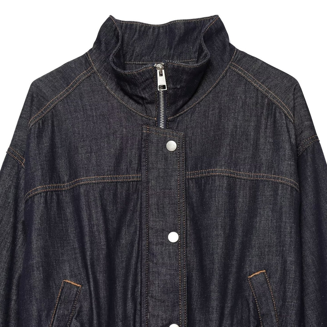 Dam Jeans Kort Blouson med Waist Belt och Hög Stå Krage