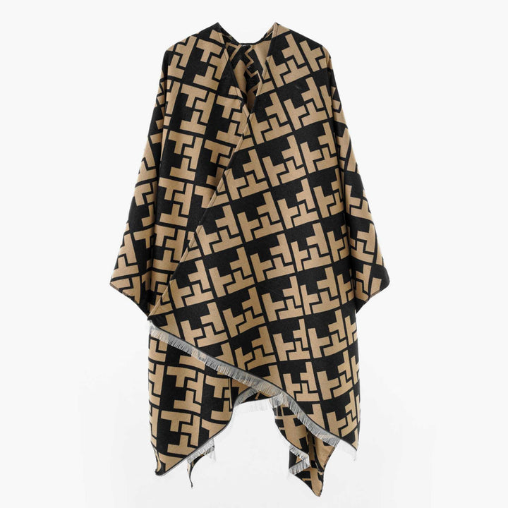 Dam Oversize Cape med Geometric Jacquard och fransfåll