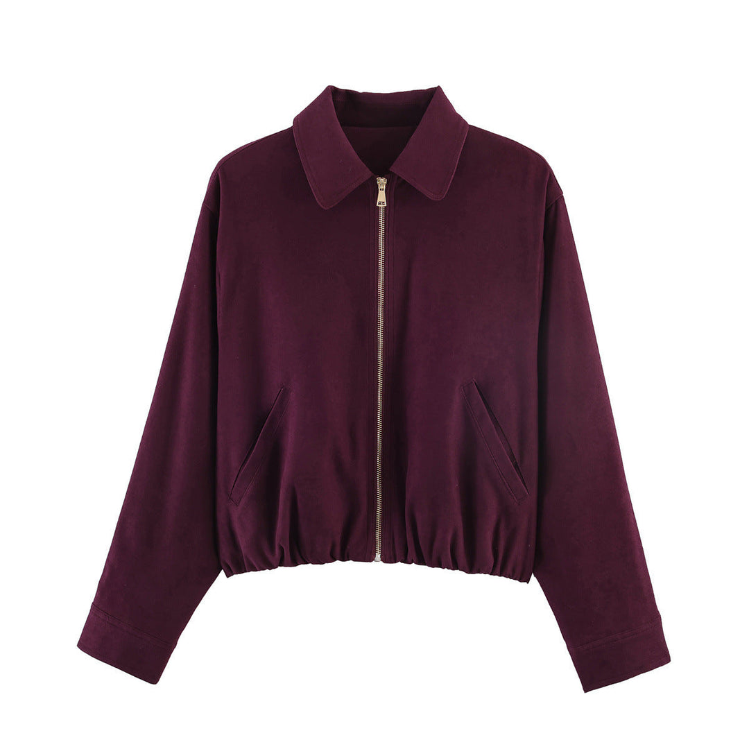 Dam kort skuren mocka look bomber jacka med dragkedja, elastic fåll och diagonal sidofickor