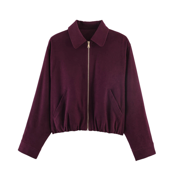 Dam kort skuren mocka look bomber jacka med dragkedja, elastic fåll och diagonal sidofickor