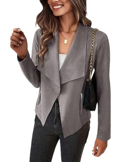 Dam Faux Mocka Waterfall Blazer med Asymmetrical Fåll och Fickor med Dragkedja