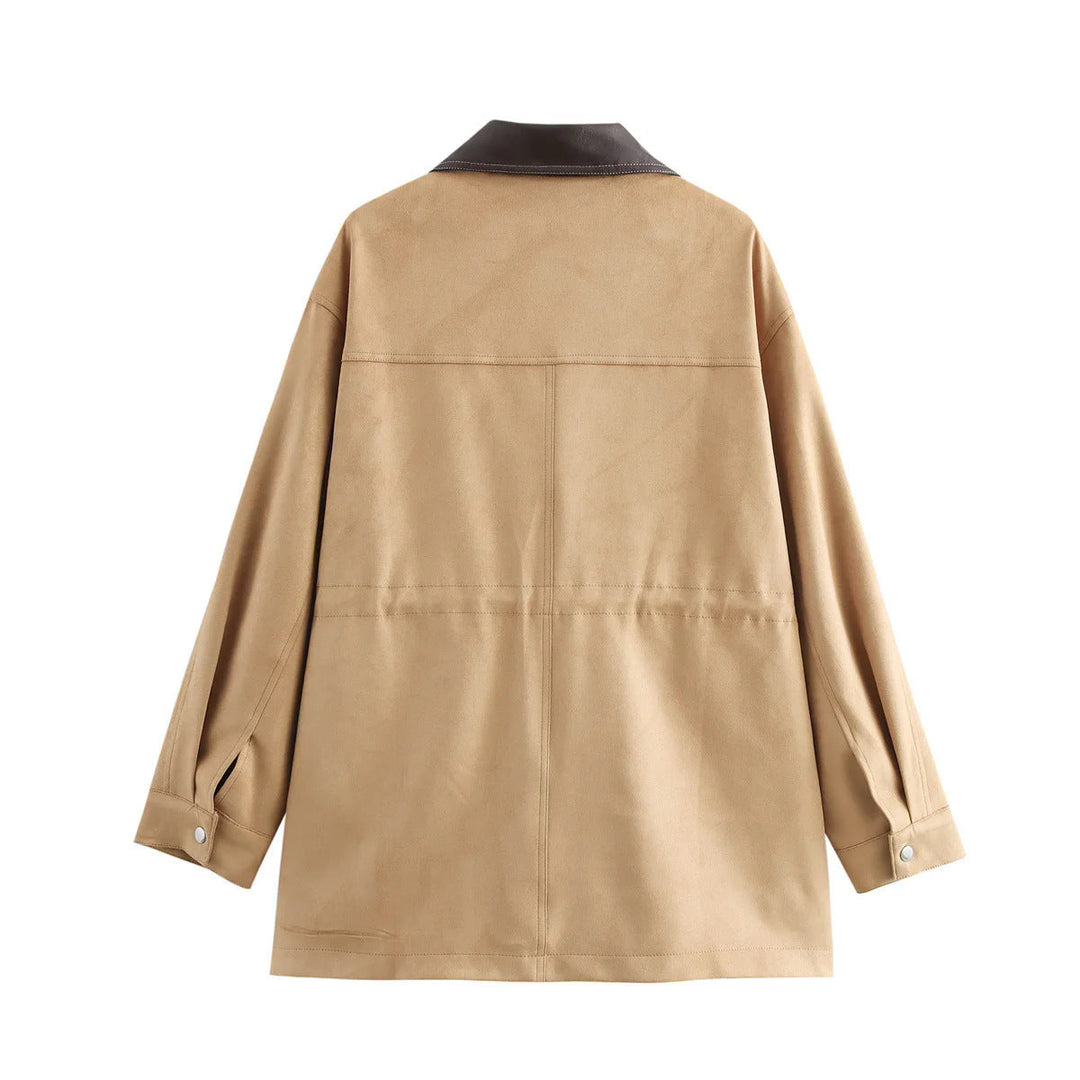 Dam oversized field jacka med kontrasterande läder krage, concealed dragkedja, och stor patch flap fickor