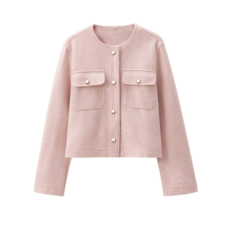 Dam kort skärning overshirt jacka med rund hals, snap knäppning och påsydda fickor