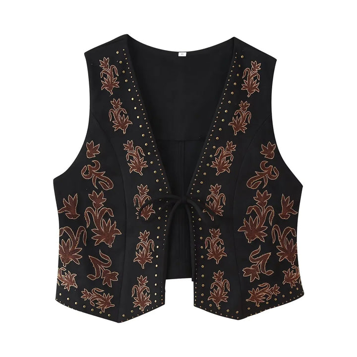 Dam embroidered figursydd väst med floral embroidery, metal studs, och tie band