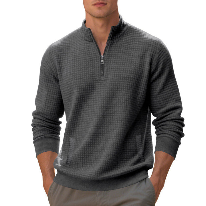 Herr Waffle Stickad Halv Dragkedja Pullover med Ståkrage, Känguruficka &amp; Ribbad Finishes