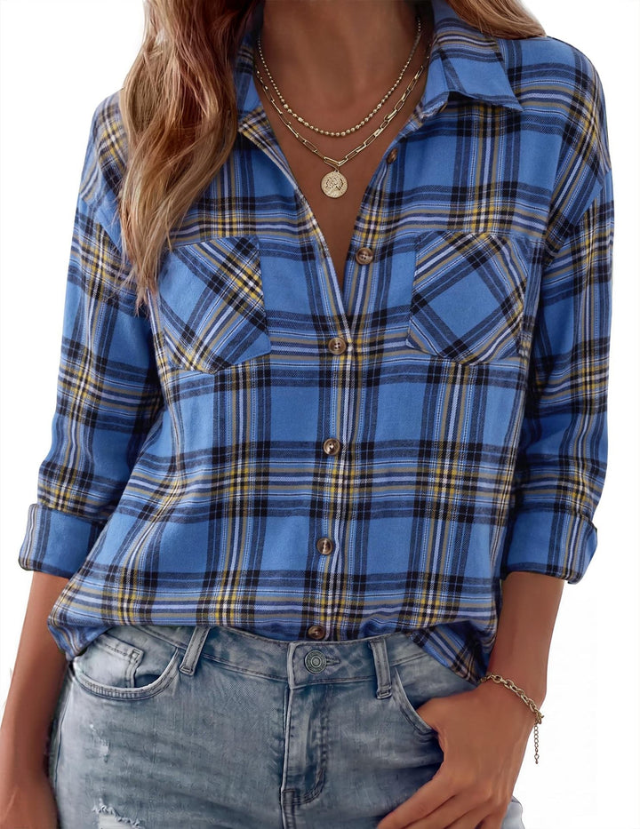 Dam Rutig Oversized Flanell Skjorta Jacka med Bröst Fickor