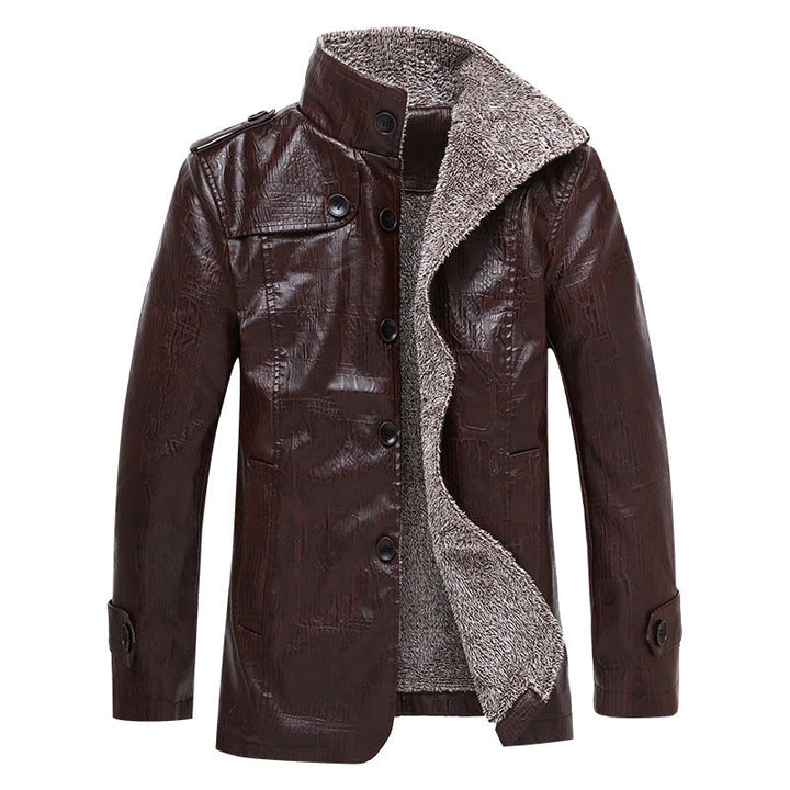 Herr Texturerad Konstläder Midlayer Jacka med Teddy Fleecefoder, Ståkrage och Axel Patches