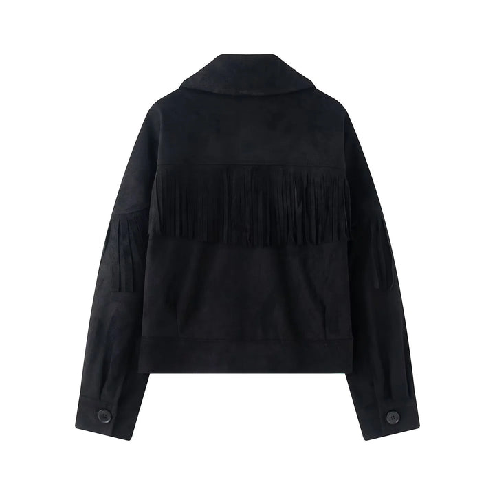 Dam kort mockalook fringe jacka med lapel krage och concealed knäppning
