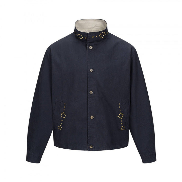 Herr kort skärning boxig canvas jacka med studded detalj och ståkrage