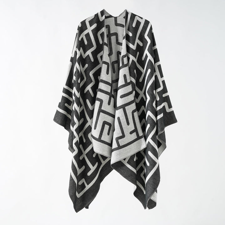 Dam Reversible Jacquard Ruana med Graphic mönster och Asymmetrical fåll