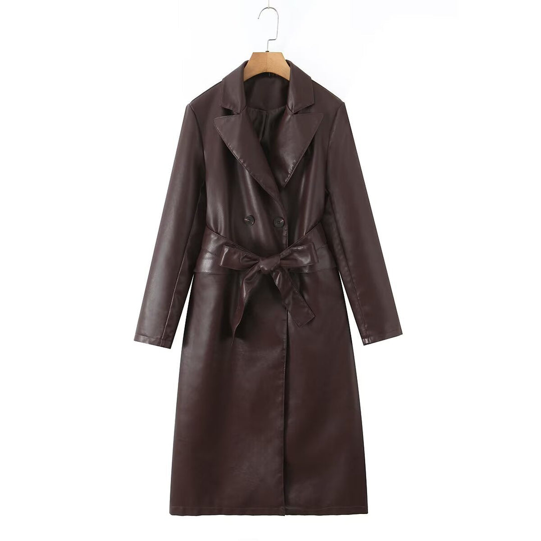 Dam Lång Modell Konstläder Trenchcoat med Dubbel-Breasted Knapplist och Midjebälte