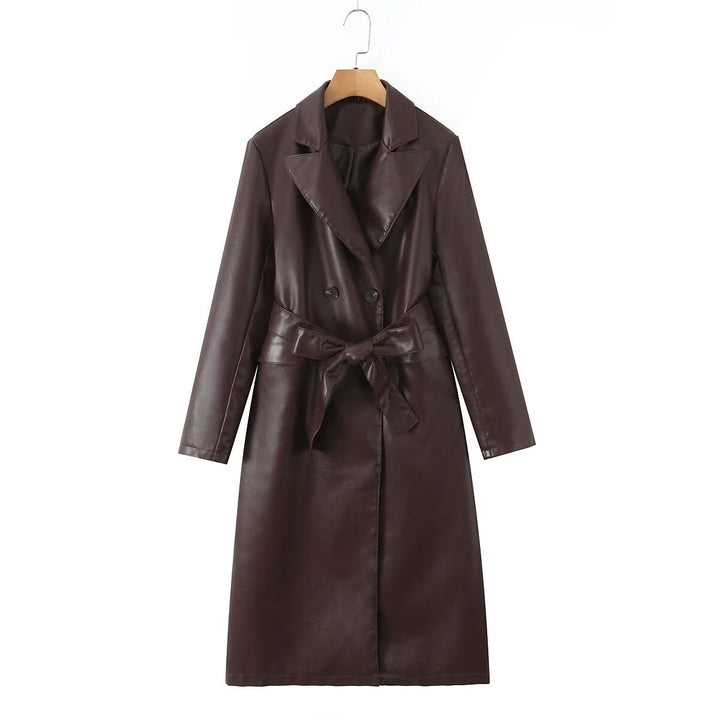 Dam Lång Modell Konstläder Trenchcoat med Dubbel-Breasted Knapplist och Midjebälte
