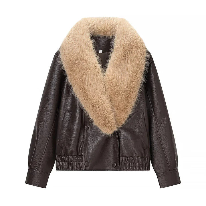 Dam kort-skärning syntetläder blouson med voluminous faux fur sjalkrage