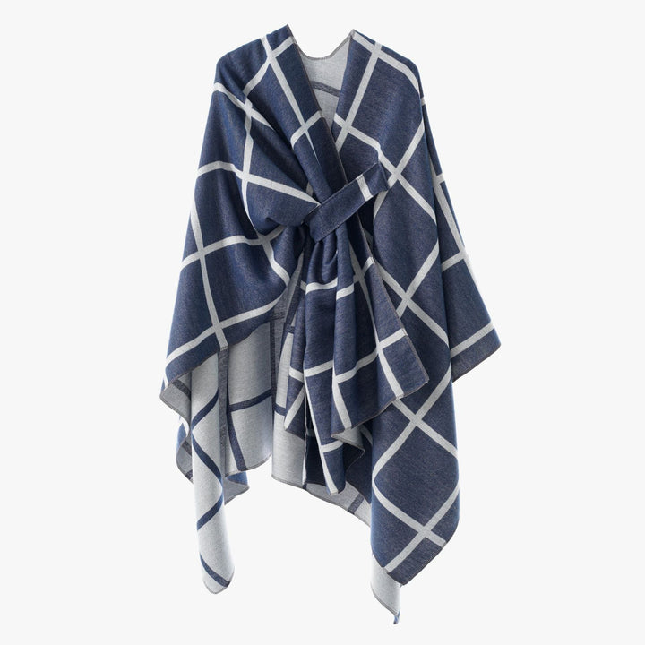 Dam Oversize ullblandning poncho med bälte och Check mönster