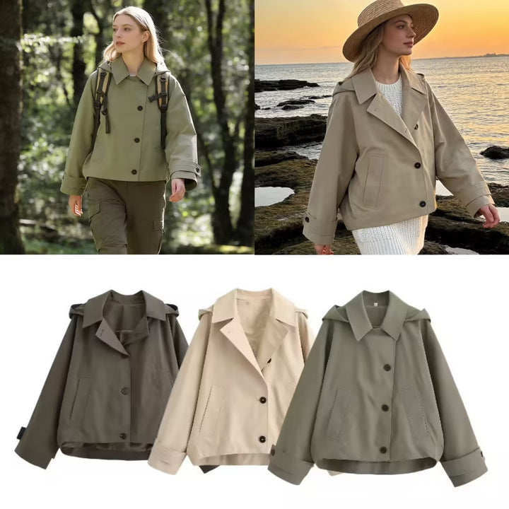 Dam Kort Oversized Trenchcoat med Slagkrage och Epaulettes