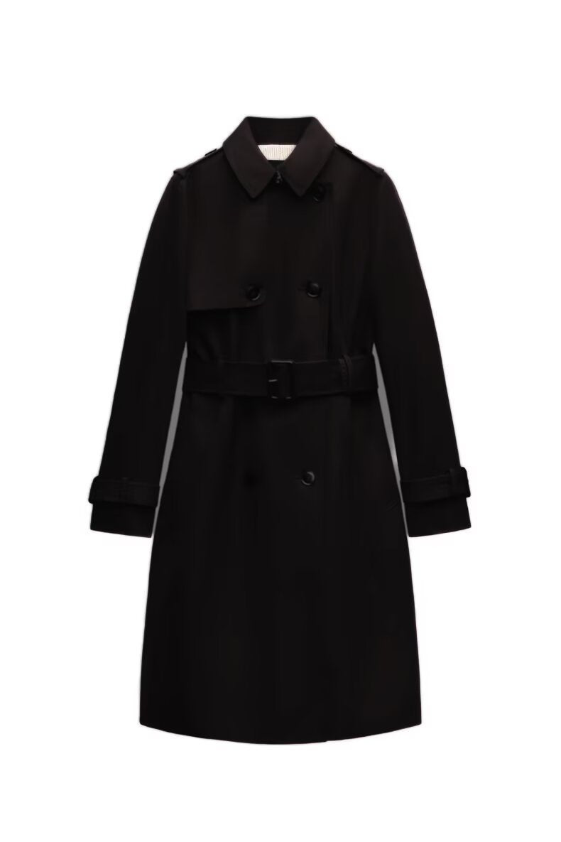 Dam Longer Skräddarsydd Trenchcoat med Dubbel-Breasted Knapplist, Midjebälte, och Ärm Tab