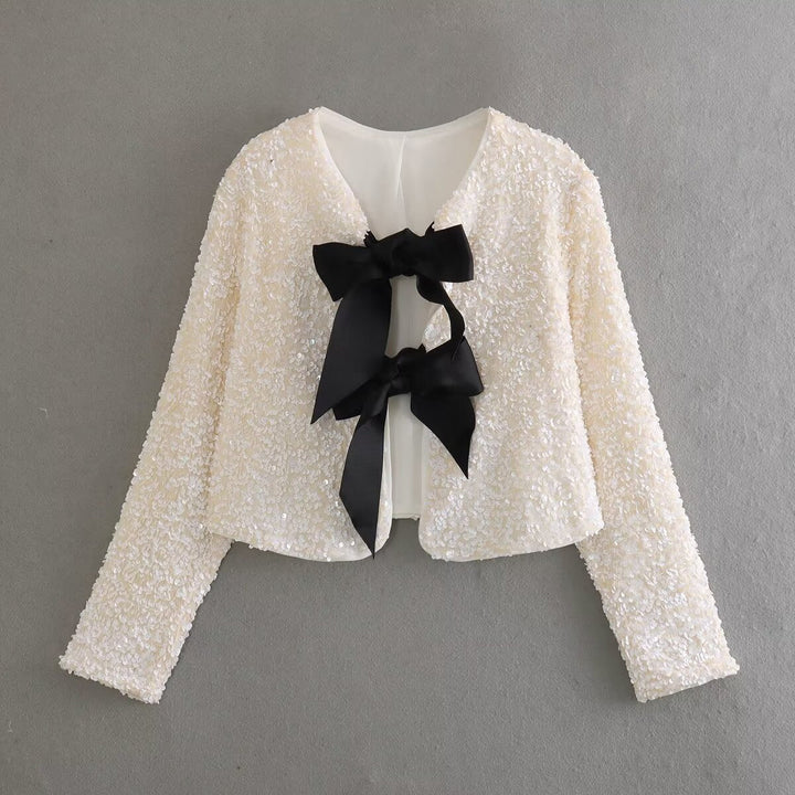 Dam sparkling cropped bolero jacka med sequin kant och decorative satin bows