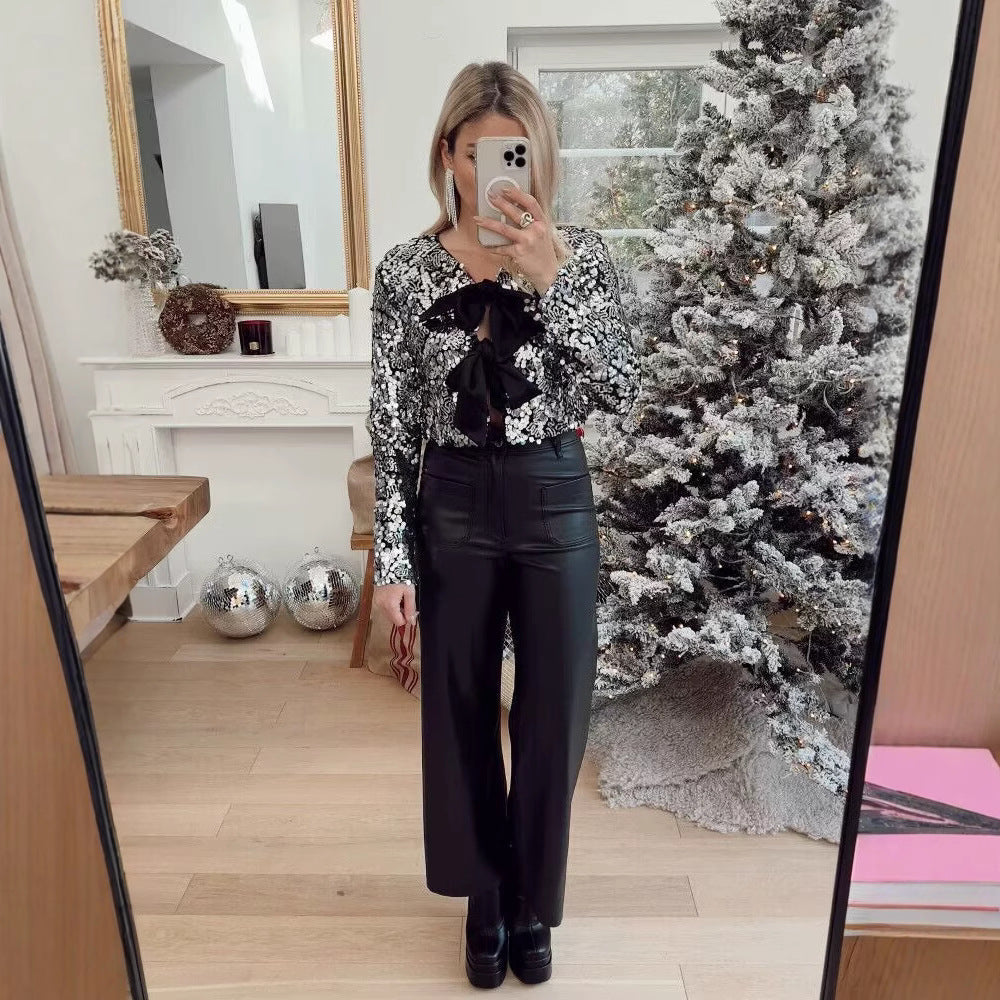 Dam kort jacka med Sequin Trim och dekorativ Bow fram