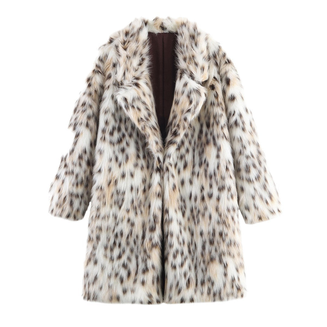 Dam Midi Kappa Gjord av Konstpäls med Leopardmönster, Oversized Passform och Sjalrakrage