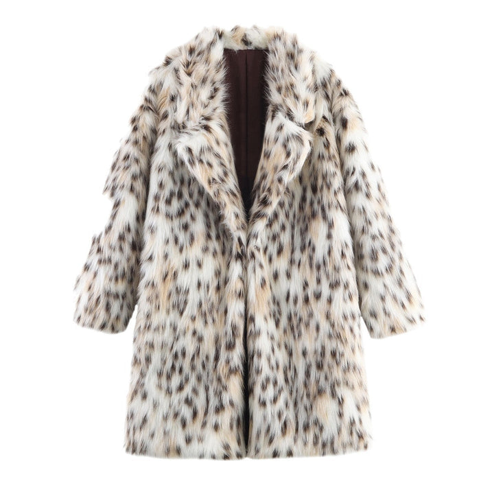 Dam Midi Kappa Gjord av Konstpäls med Leopardmönster, Oversized Passform och Sjalrakrage