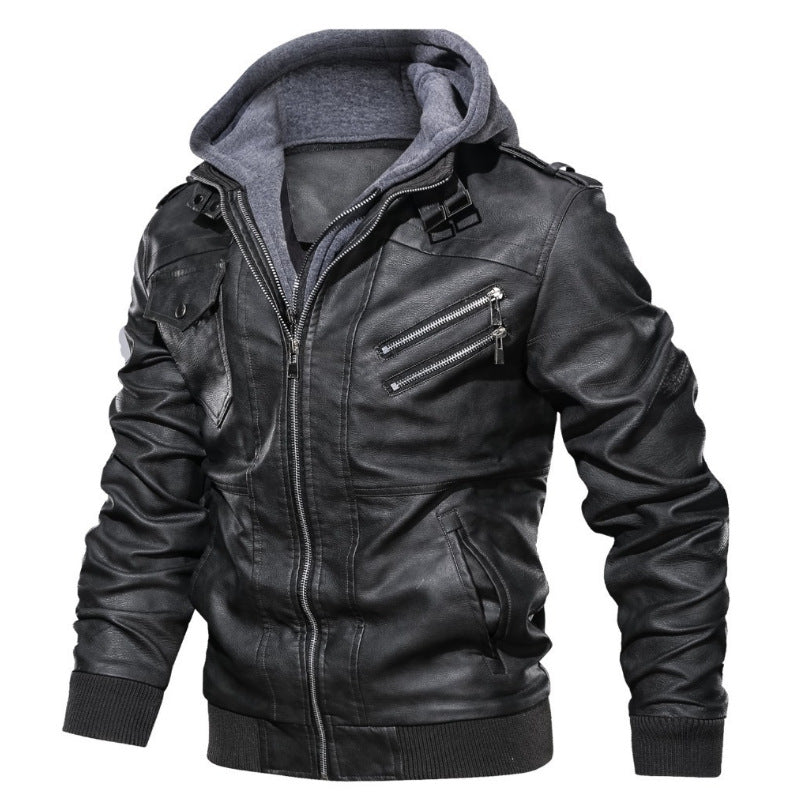Herr Urban med Huva Läder Jacka i Biker Stil med Dragkedja Detaljer och Ribbad Muddar