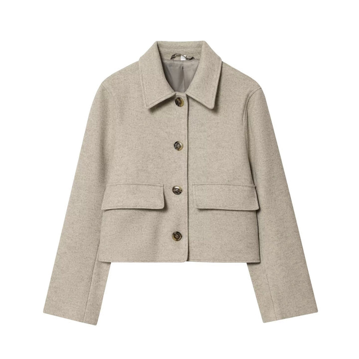 Dam Kort Boxig Ull Blouson med Skjort Krage och Lock Fickor