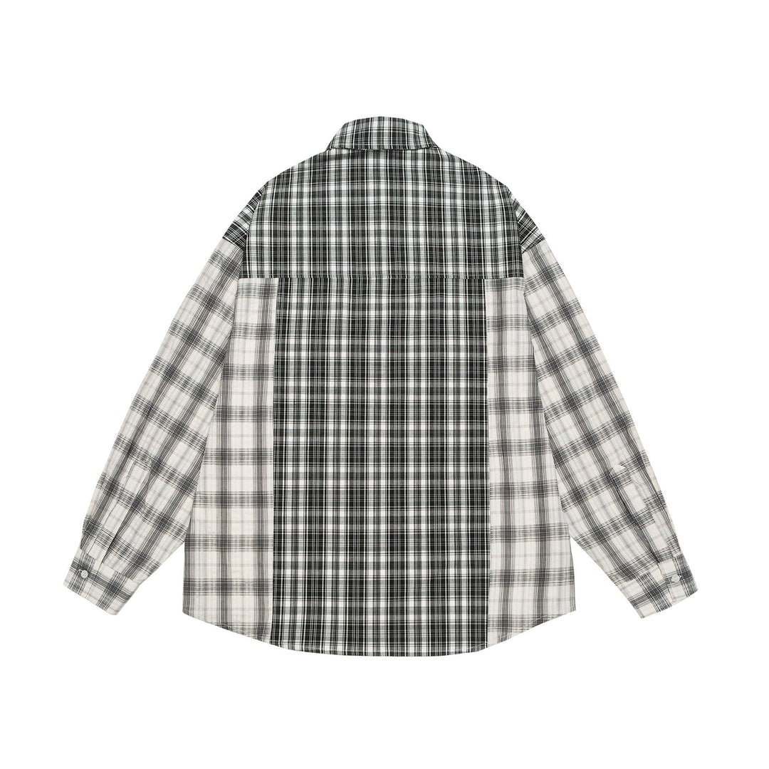 Unisex Oversized Skjorta Jacka med Patchwork Rutigt Mönster och Rounded Fåll