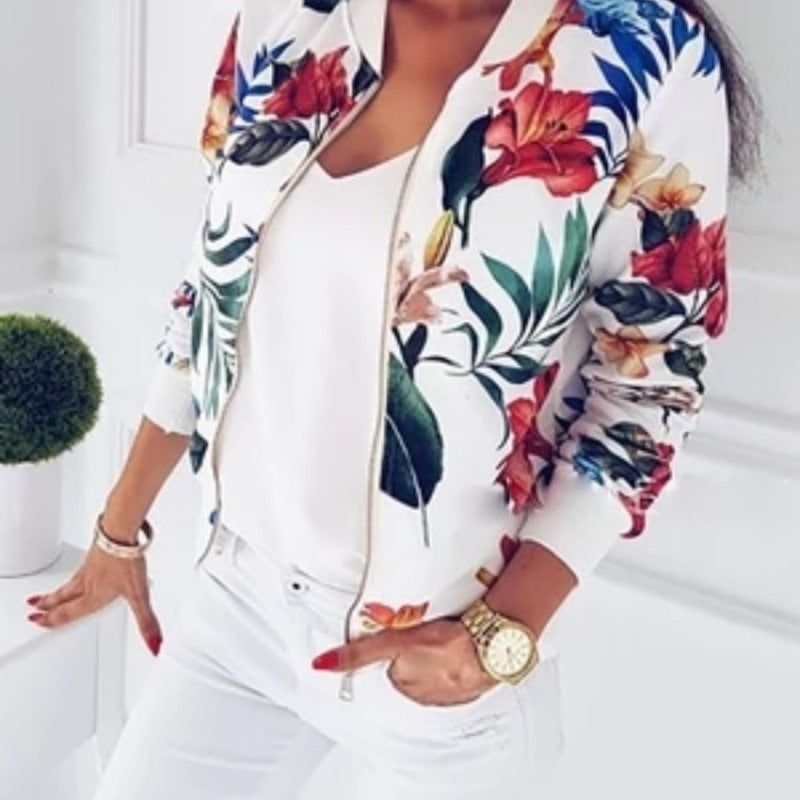 Dam blousonjacka med floral alla-över tryck, dragkedja och ribbstickade muddar