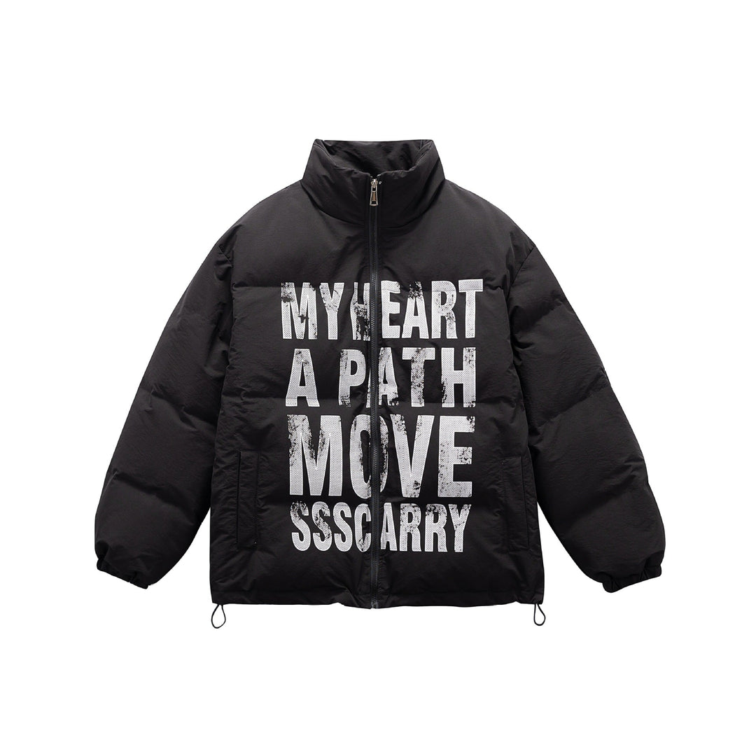 Unisex Oversized Vadderad Jacka med Hög Ståkrage och Statement Tryck