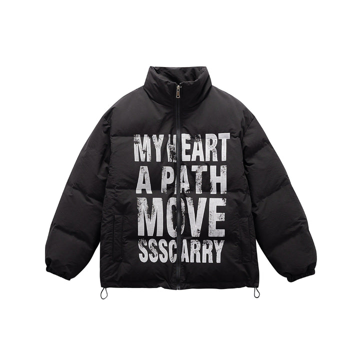 Unisex Oversized Vadderad Jacka med Hög Ståkrage och Statement Tryck