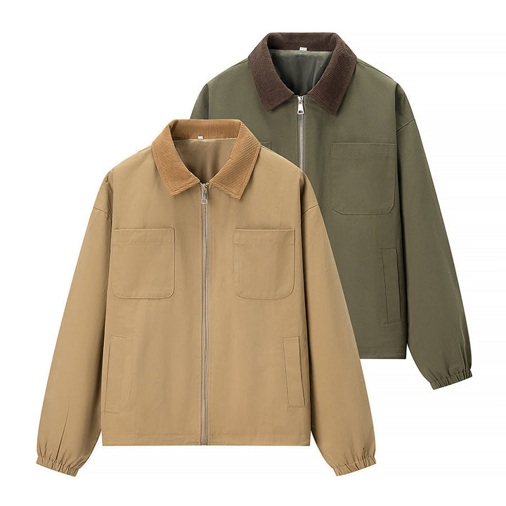 Dam kort jacka in workwear stil med cord krage, dragkedja och patch bröstfickor