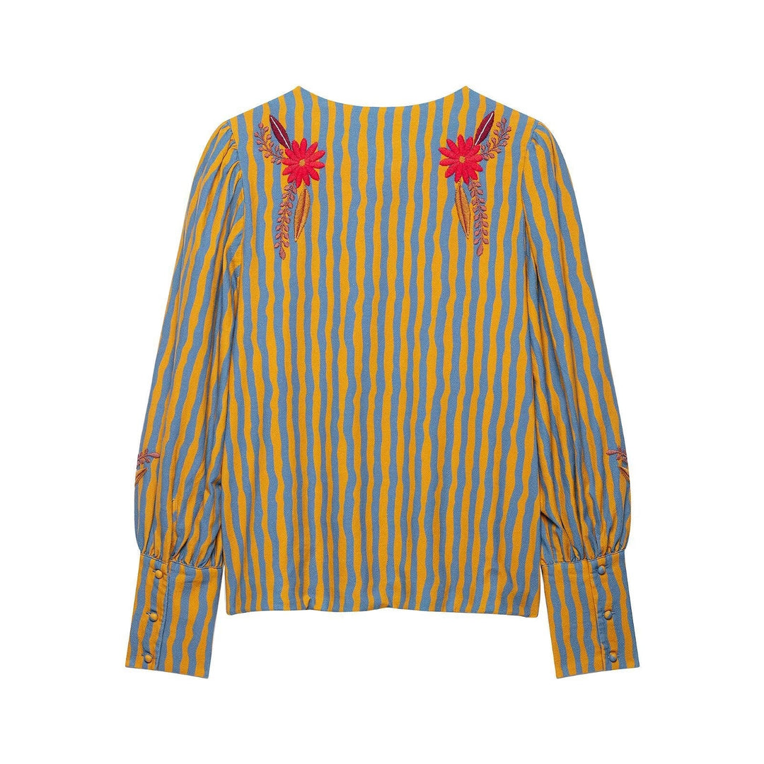 Dam Randig Embroidered Blouson Jacka med Open Front och Peter Pan Krage