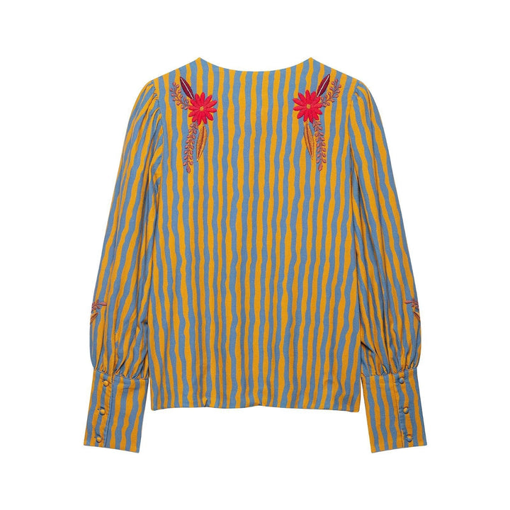Dam Randig Embroidered Blouson Jacka med Open Front och Peter Pan Krage