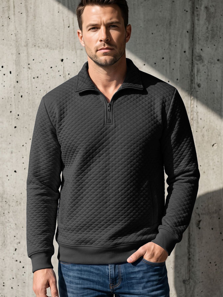Herr Quiltad Pullover med Troyer Krage och Halv Dragkedja