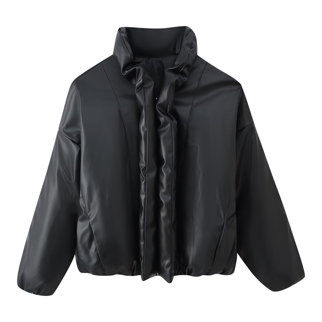 Dam Oversized Konstläder Blouson med Voluminous Ståkrage och Elastic Fåll