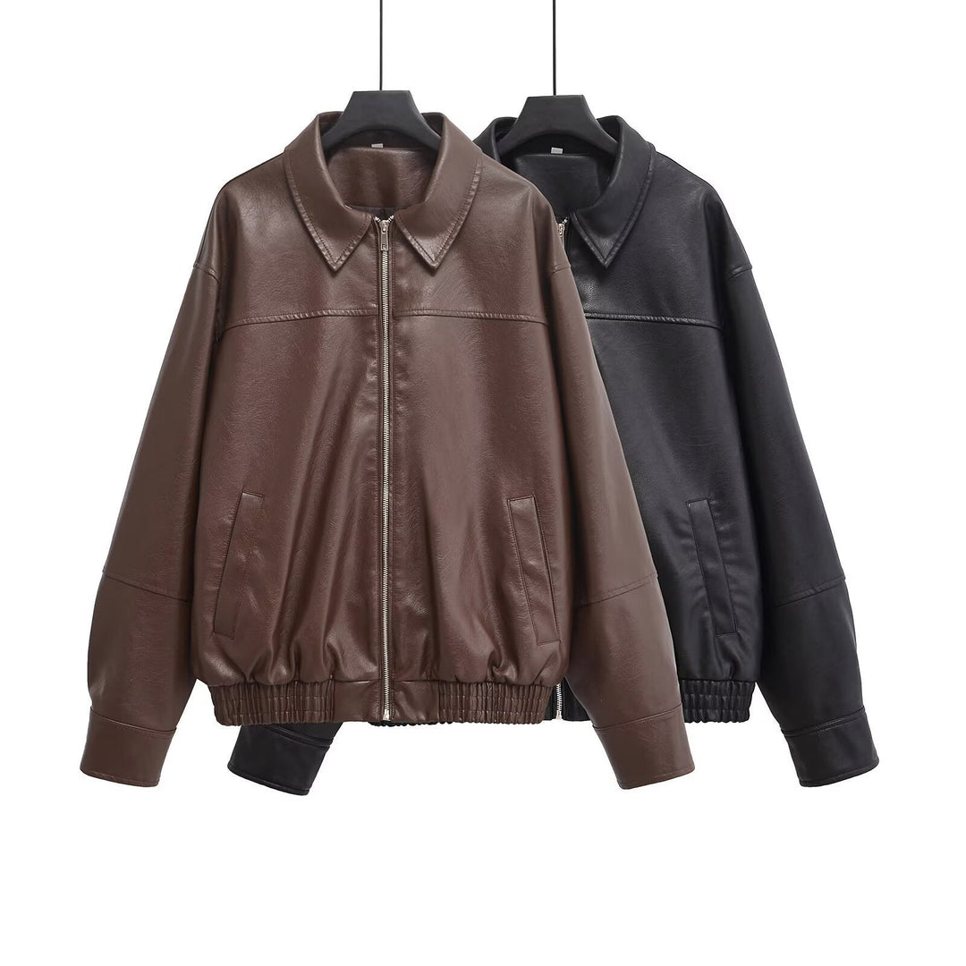 Dam oversize konstläder jacka med skjortkrage, hel Zip och Elastic fåll