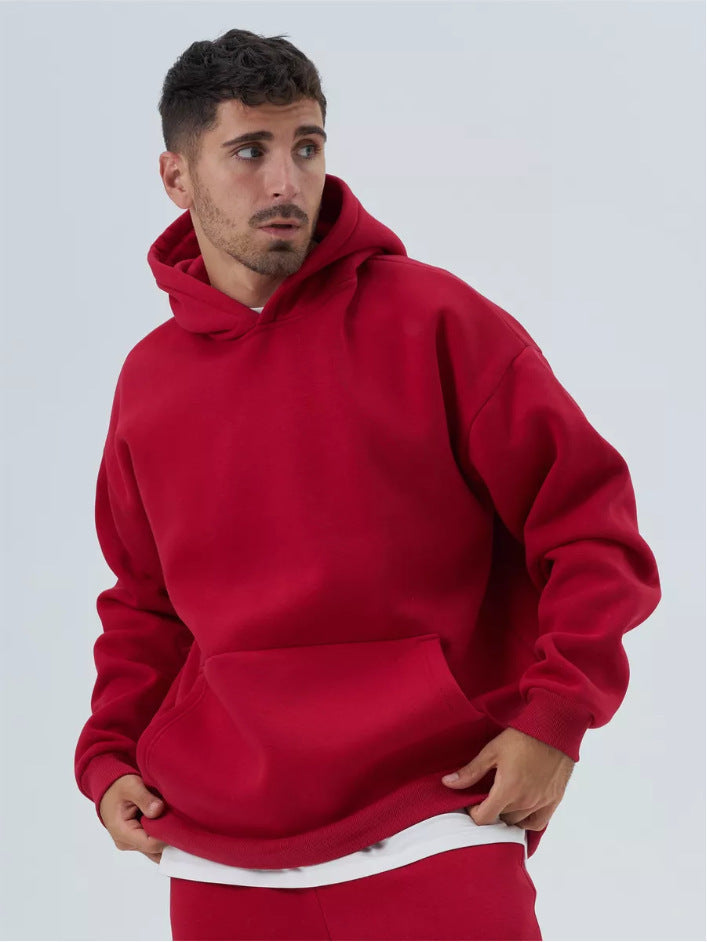 Herr Kraftig Fleece Boxig Luvtröja med Deep Axel Drop Reinforced Huva och Känguruficka
