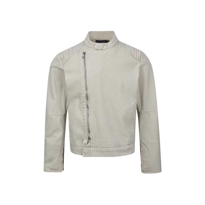 Herr Asymmetric Kort Jacka i Biker Stil med ståkrage och Diagonal metall Dragkedja