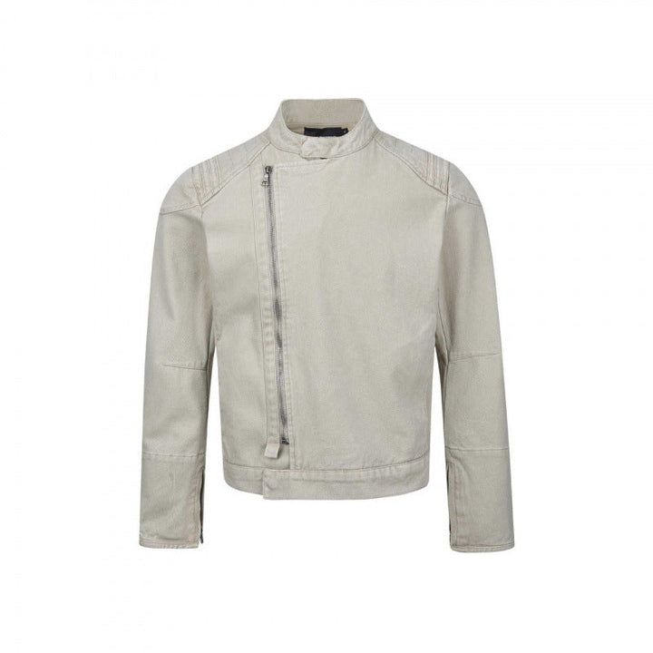 Herr Asymmetric Kort Jacka i Biker Stil med ståkrage och Diagonal metall Dragkedja