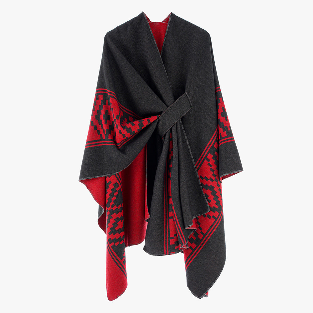 Dam Jacquard Ruana med TIE bälte och geometric mönster