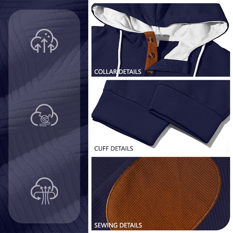 Herr Textured Luvtröja Jogging Set med Henley Knapplist och Contrast Elbow Lappar