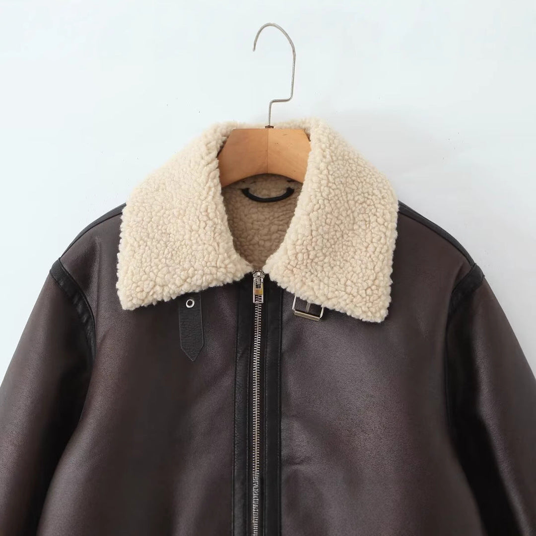 Dam Oversized Pilot Jacka Gjord av Konstläder med Teddy Krage och Fickor med Dragkedja