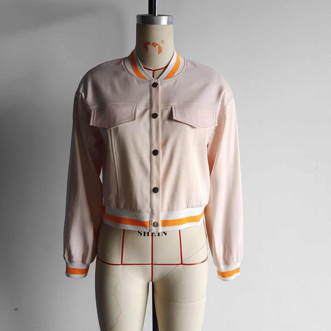 Dam cropped blousonjacka med snap knäppning, randig ribbstickade muddar och patch bröstfickor